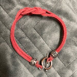 Red leather Bracelet with Silver toggle close and beaded Accents